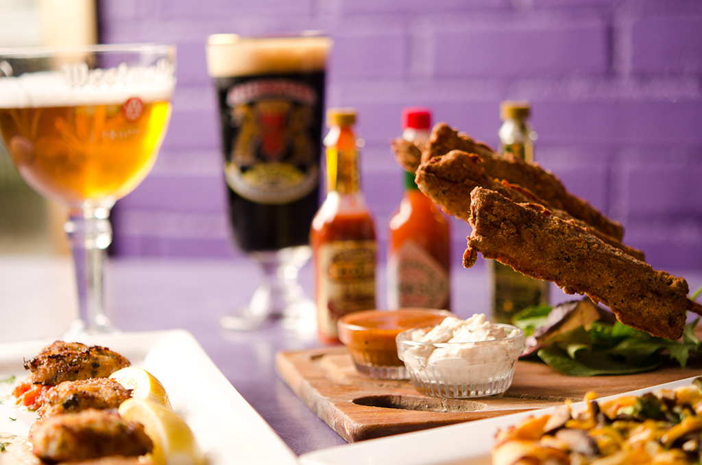 chicken skewers and beer